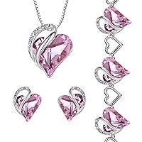 Leafael Infinity Love Heart Necklace, Stud Earrings, and Bracelet for Women, October Birthstone Crystal Jewelry, Silver Tone Gifts for Women, Rose Quartz Pink