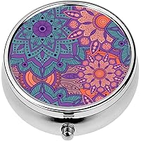 Mini Portable Pill Case Box for Purse Vitamin Medicine Metal Small Cute Travel Pill Organizer Container Holder Pocket Pharmacy Oriental Indian Flowers Mandala