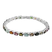 SILCASA Tennis Bracelets for Women, Oval Cut Natural Multi Tourmaline Gemstone, October Birthstone, 925 Sterling Silver Jewelry 9 Inch