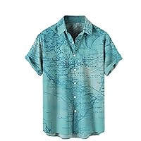 Cotton Linen Hawaiian Shirts for Men Summer Short Sleeve Color Block Top Blouses Button Down Classic Fit Blouses