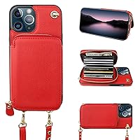 Bocasal Crossbody Wallet Case for iPhone 12 Pro Max, RFID Blocking Leather Purse Case with Card Holder, Protective Handbag Flip Cover with Zipper Wrist Strap Lanyard for Women 5G 6.7 Inch (Red)