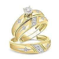 1.50 Ct Round Cut White Diamond in 925 Sterling Silver 14K Yellow Gold Over Diamond Trio Engagement Ring Wedding Band Set for Him & Her
