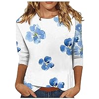 Womens Tops 2023 Summer 3/4 Sleeve Floral Printed Loose Tops Retro Crew Neck Stretch Going Out Shirts Baggy Blouses
