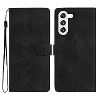 Galaxy S24 Plus Case Wallet for Women, Card Holder Folding Flip Design Embossing Flower Leather Magnetic Folio Cover Compatible with Samsung Galaxy S24 Plus (Black)