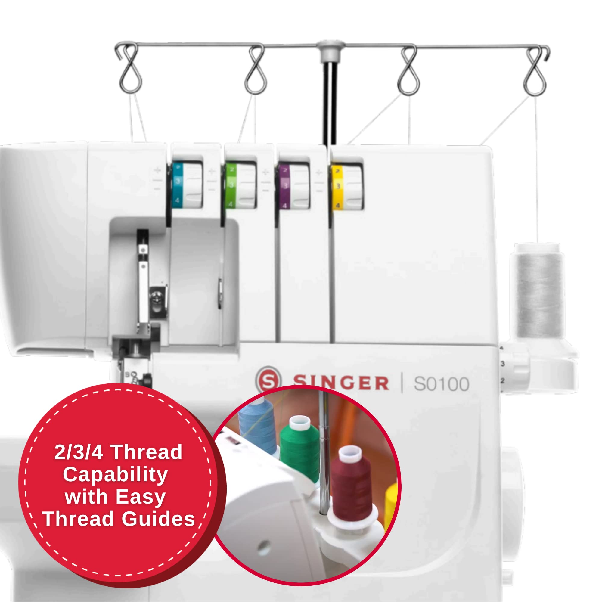 SINGER | S0100 Serger Overlock Machine With Included Accessory Kit - 2/3/4 Thread Capacity - 1300 SPM - Free Arm, White