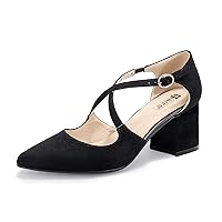 Women's Lynn Dress Low Heeled Pumps Closed Pointed Toe Block Chunky Heel Cross Strap Wedding Bridal Party Office Shoes
