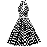 Women 50s Vintage Polka Dot Halter Cocktail Swing Dress 1950s Rockabilly Audrey Hepburn Prom Tea Party Dress with Belt