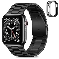 HITZEE Compatible with Apple Watch Band 45mm 44mm 42mm Business Stainless Steel Metal Strap Men Women Link Bands with Case Compatible for Apple Watch SE Series 9 8 7 6 5 4 3 2 1, 42/44/45mm Black