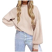 Today's Deals Lantern Sleeve Ribbed Sweater Women Solid Jumper Tops Mock Neck Knitted Pullover Trendy Loose Sweaters Shirts Vestido Suéter Blanco Mujer White