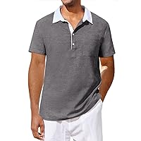 Men's Linen Shirt Cotton Henley Shirt Casual Short Sleeve Button Down Summer Beach T Shirts with Pocket M-XXL