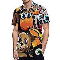 Funny Cartoon Dogs Cat Giraffe Casual Mens Short Sleeve Shirts Slim Fit Button-Down T Shirts Beach Pocket Tops Tees