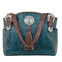 Leather - Multi Compartment Tote Bag -Purse Holder Bundle (Dark Turquoise - Bolo Concho)