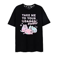 Pusheen Womens Short Sleeve T-Shirt | Ladies Take me to Your Feeder Kitty Graphic Tee in Black | Oversized Cat Apparel Top