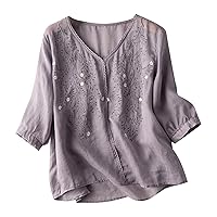 Women's Summer Embroidered Mexican Shirts Cotton and Linen 3/4 Sleeve Blouse V Neck Casual T-Shirts Retro Style Tops
