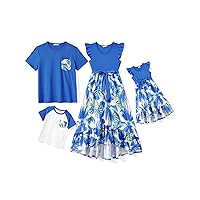 PATPAT Matching Family Outfits Mother and Daughter Floral Printed Ruffle Cuffs Dresses and Short Sleeve T Shirts Set