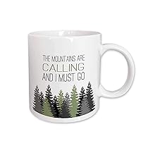 3dRose Stamp City - typography - The mountains are calling and I must go Pine trees on white background - 11oz Two-Tone Green Mug (mug_323454_7)