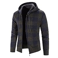 Cable Knitted Hoodies for Men Heavy Warm Sherpa Fleece Lined Buffalo Plaid Jackets Zip Up Thick Cardigan Sweater Coats
