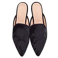 Fericzot Women's Velvet Backless Pointed Toe Slip On Loafers Flats Embroidery Mule Slippers Shoes
