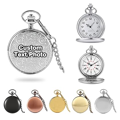 LAIFU Custom Pocket Watch with Photo and Text Arabic Numerals Scale Quartz Pocket Watches with Chain Christmas Graduation Birthday Gifts Fathers Day