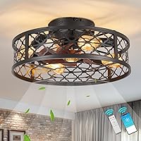 Farmhouse Ceiling Fans with Lights Remote Control,6 Speed Reversible Flush Mount Low Profile Rustic Ceiling Fan with Light with Bulb 4*E26,Boho Bladeless Country Caged Ceiling Light Fixture