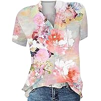 Women's Plus Size Tops Fashion Pullover Round Neck Loose Print Button Shirt Casual Versatile Top Short, S-2XL