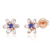 Solid 14K Gold 5mm Flower Natural Birthstone Screwback Earrings For Women | 1.50mm Birthstone | 1mm Round Pave Created White Sapphire Gemstone Flower Screwback Earrings For Women and Girls