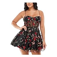 B Darlin Womens Black Stretch Embroidered Zippered Mesh Boning Lined Floral Spaghetti Strap Sweetheart Neckline Mini Party Fit + Flare Dress Juniors 11