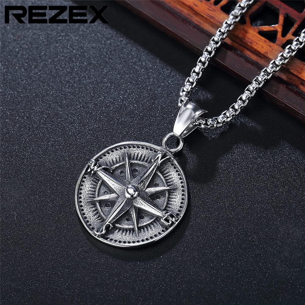 pickyegg.com Cool Mens Nautical North Star Compass Pendant Necklace Stainless Steel