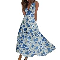 Sundresses for Women 2024 Sleeveless Deep V Neck Maxi Dress 2024 Trendy Floral Print Flowy Beach Dress