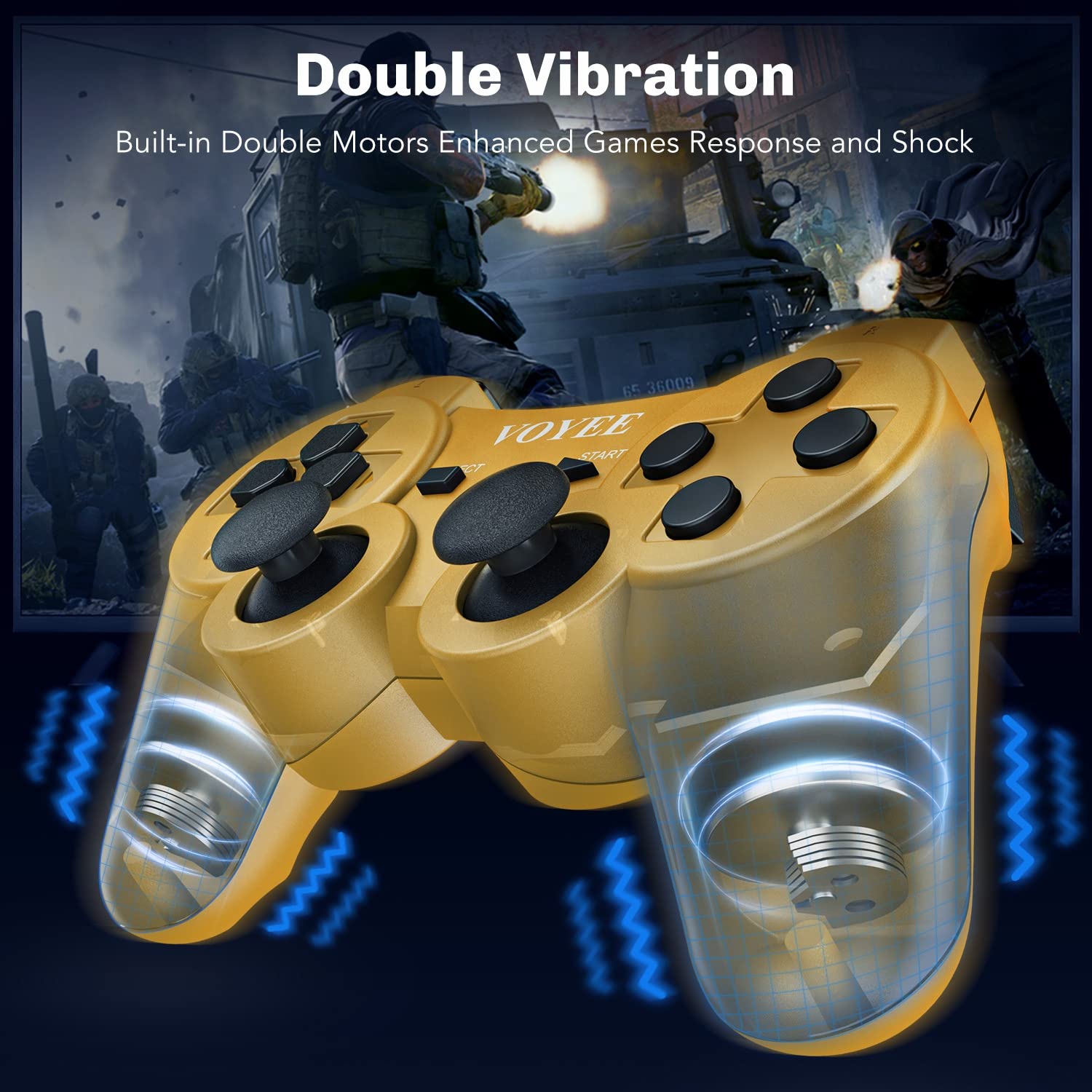 VOYEE Wireless Controller Compatible with Playstation 3 PS-3 Controller with Upgraded Joystick/Rechargerable Battery/Motion Control/Double Shock (Gold)
