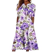 HHmei 2023 Summer Dresses for Women Casual Stripe Button V Neck Sleeveless Pocket Long Holiday Dress Floral Beach Dress