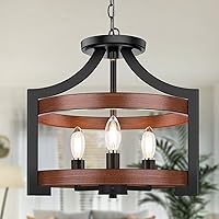 3-Light Rustic Farmhouse Pendant Hanging Light Adjustable Height Max 68in, Convertible Vintage Semi Flush Mount Ceiling Light Fixture Black Metal Chandelier Walnut Wood Finish for Kitchen Dining Room