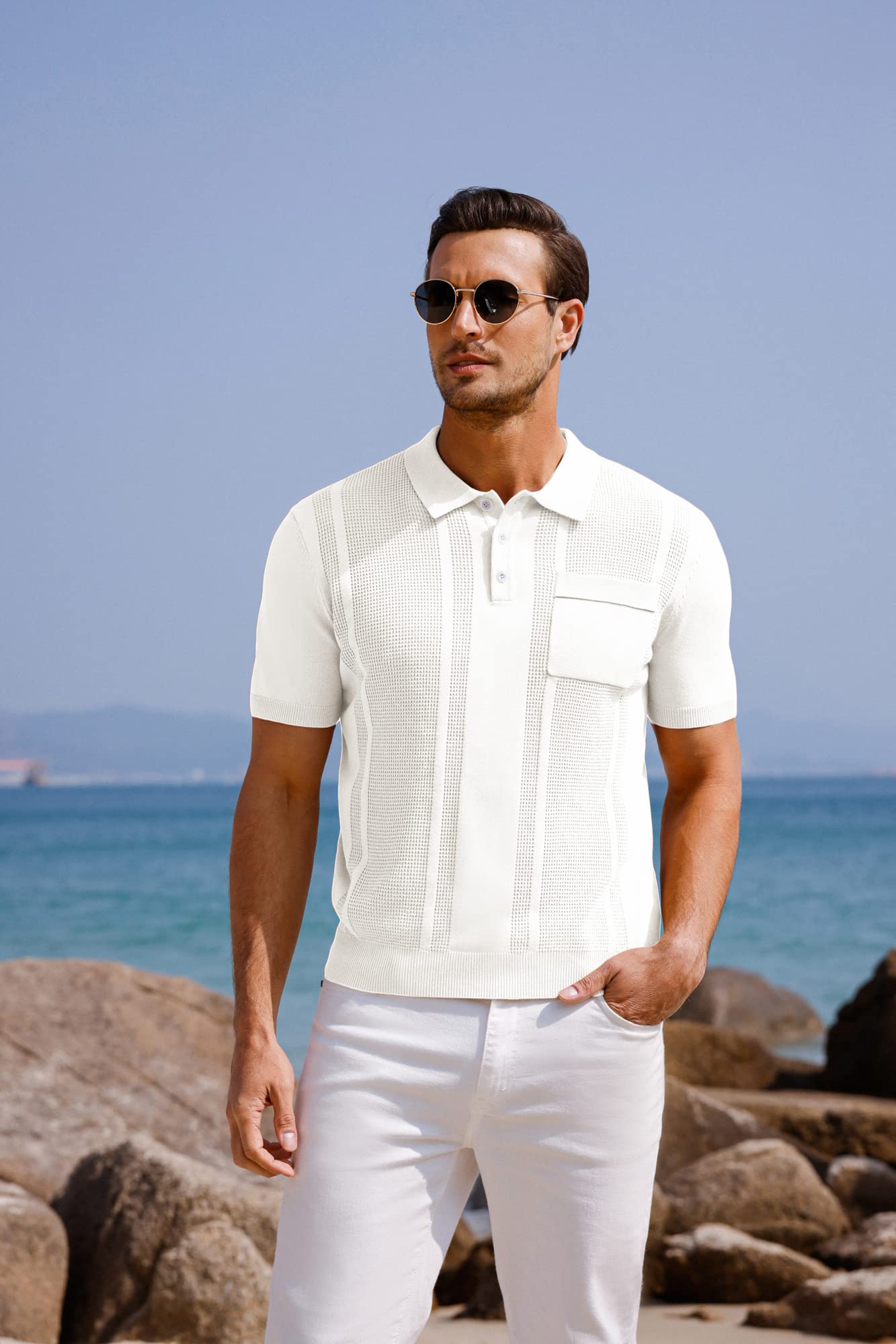GRACE KARIN Men's Knit Polo Shirts Short Sleeve Texture Lightweight Golf Shirts Tops