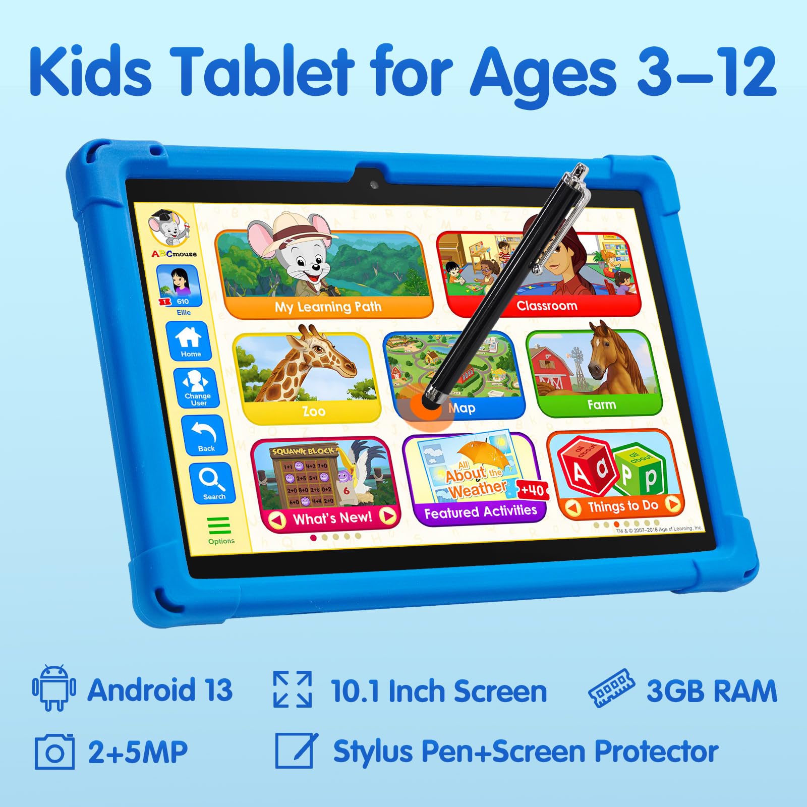 YYSWIE Tablet for Kids 10 inch with Case & Stylus Pen, 3GB RAM+32GB ROM Android 13 Kids Learning Tablet, KIDOZ Pre-Installed Toddlers Tablet, 5000mAh Childrens Tablets with GMS, WiFi, BT