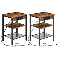 End Tables Set of 2 with Charging Station and USB Ports, 3-Tier Nightstands with Adjustable Shelf, Narrow Side Tables for Small Space in Living Room, Bedroom, Rustic Brown BF112BZP201