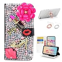 STENES Bling Wallet Case Compatible with iPod Touch 5 / iPod Touch 6 - Stylish - 3D Handmade Lipstick Flowers Lips Girls High-Heel Leather Cover with Ring Stand Holder [2 Pack] - Rose Red