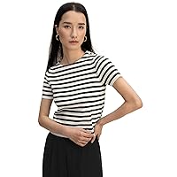 LilySilk Womens Silk Knitted Blouse Ladies Black Stripes Short Sleeve Shirt Girls Basic Versatile Summer Top Causal