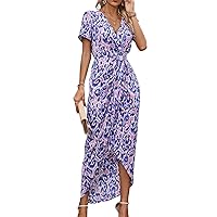 Dresses for Women 2023 Allover Print Ruched Wrap A Line Long Dress