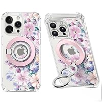 GVIEWIN Bundle - Compatible with iPhone 15 Pro Max Case Floral (Anemone) + Magnetic Phone Ring Holder (Pink)