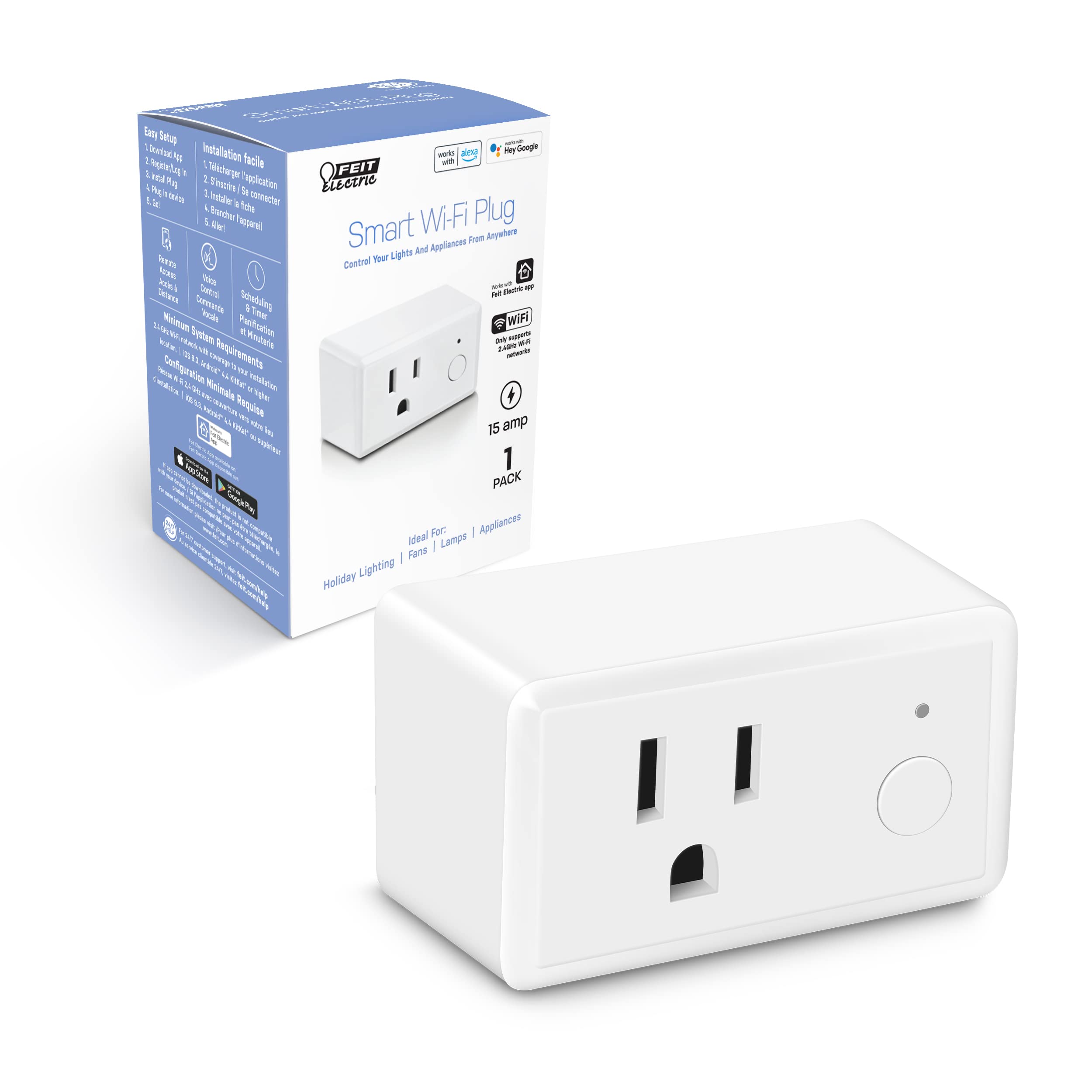 Feit Electric Smart Plug, WiFi Plug Works with Alexa and Google Home, Indoor Plug, No Hub Required, 2.4Ghz Network, Remote Control from Anywhere, 15 AMP, Smart Outlet Plug, White