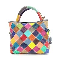 Women's Genuine Leather Multicolor Handbags Random Colorful Square Stitching Large Capacity Satchel Top Handle Purses