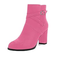 Womens Solid Round Toe Casual Buckle Booties Suede Chunky High Heel Ankle High Boots 3.3 Inch