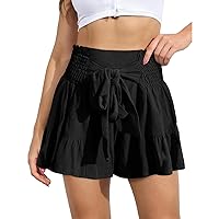 Women's Bow Tie Shorts Pleated Ruffle Wide Leg Shorts Summer Loose Casual High Waisted Smocked Paper Bag Shorts