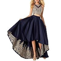 Women's Hi-Low Dress Satin Lace A-Line Two Piece Prom Gown With Pockets 8 Navy Blue