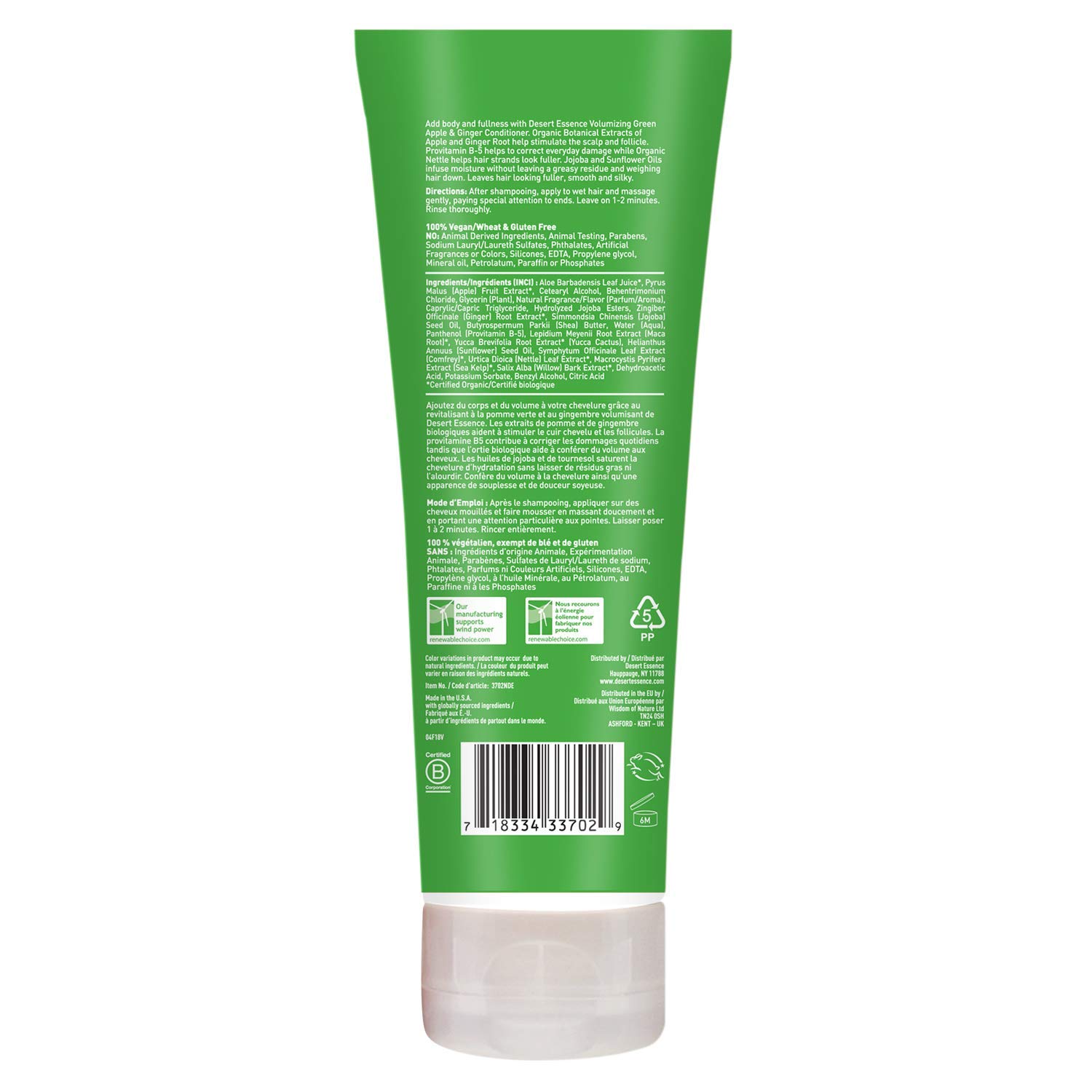 Desert Essence Green Apple and Ginger Conditioner với công thức đột phá từ thiên nhiên sẽ giúp tóc bạn mềm mượt, sáng bóng và dễ chải. Đặc biệt, sản phẩm được làm từ các thành phần tự nhiên, không gây hại cho da đầu và tóc của bạn.