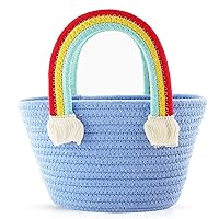 Medium Handmade Cotton Woven Handbag for Gril's, Cute Women Summer Beach Tote Bag Crossbody with Tassel Rainbow Handle