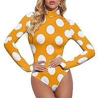 Orange Polka Dot Basic Women's Jumpsuit Long Sleeve Turtleneck Bodysuit Top Sexy Stretchy Leotard
