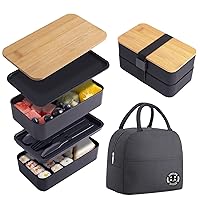 Japanese Bamboo Bento Box with Compartments and Utensils Stackable Lunch Box Includes Lunch Bag for Meal Prep Black