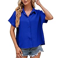 Women's T Shirts Casual, 2024 Trendy V Neck Buttoned Solid Color Loose Short-Sleeved Shirt Long Button, S, XXL
