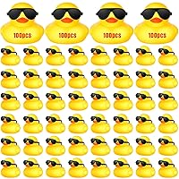 100 Pcs Yellow Rubber Ducks in Bulk with 100 Sunglasses, Valentine's Day Mini Ducks Tiny Float Squeak Bathtub Bath Toys for Kids Gift Baby Shower Birthday Party Supplies Prize Rewards